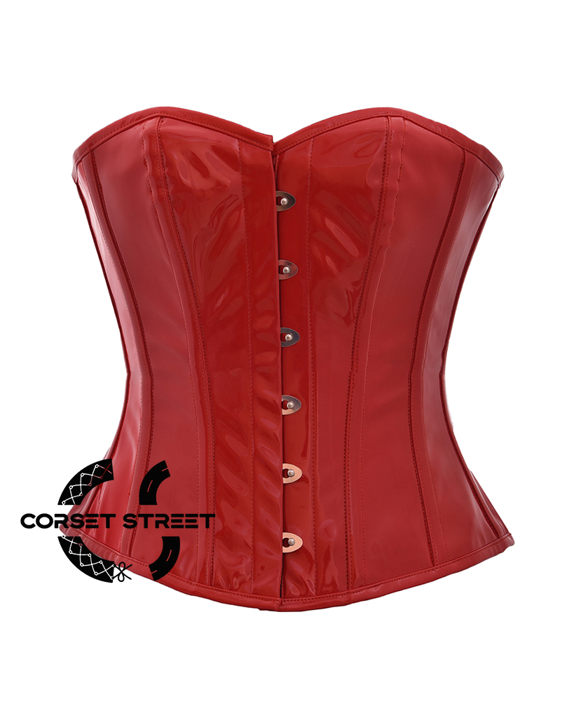 Sexy Red PVC Faux Leather Gothic Steampunk Bustier Waist Training Overbust Corset Costume