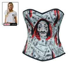 Dollars with Money Heist Halloween Mask Printed Satin With Crop Top T-Shirt Overbust Corset Top