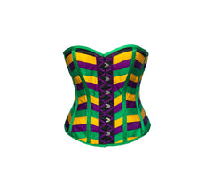 Green Purple and Yellow Satin Multi Color Striped Costume for Mardi Gras Overbust Corset Top