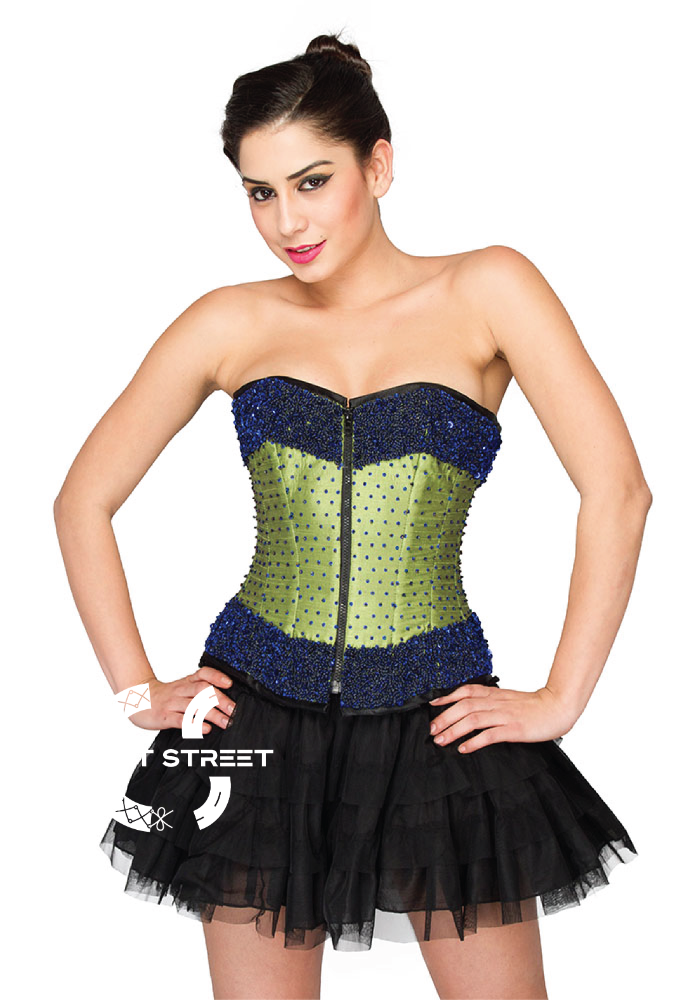 Green Satin Sequins Handmade Overbust Top & Satin Net Skirt Corset Dress