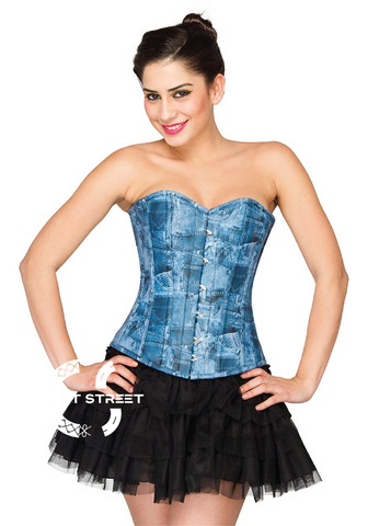Blue Denim Print Faux Leather Overbust Top & Satin Net Tutu Skirt Plus Size Corset Dress