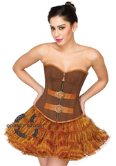Brown Cotton Brocade with Leather Belts Overbust Top & Poly Tissue Tutu Skirt Plus Size Corset Dress