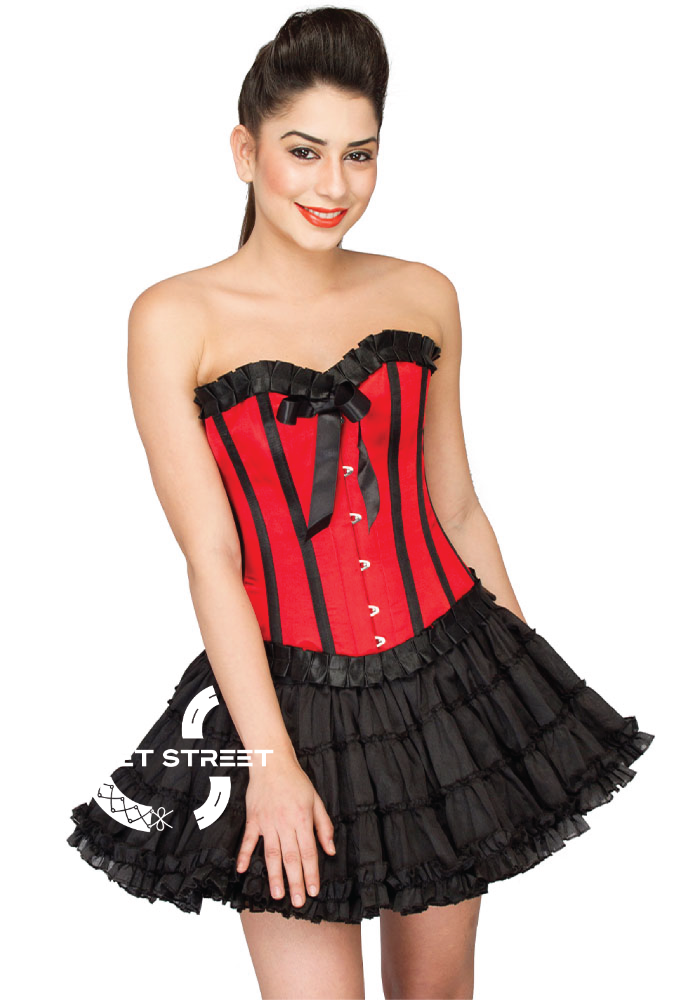 Red Satin Black Frill Overbust Top & Cotton Silk Tutu Skirt Plus Size Corset Dress