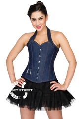 Blue Denim Halter Neck Overbust Top & Black Satin Net Tutu Skirt Corset Dress