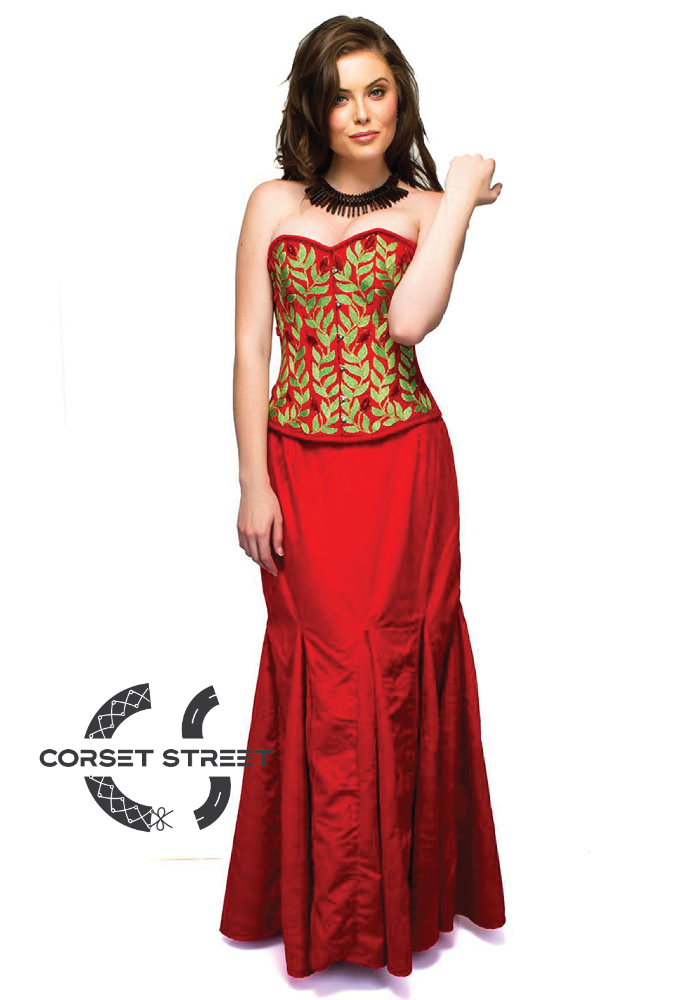 Red Velvet Embroidery Overbust Top & Long Skirt Women Plus Size Corset Dress