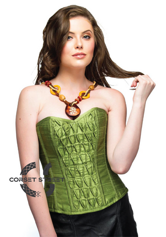 Pea Green Silk Overbust Top & Long Faux Leather Women Corset Dress