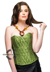 Pea Green Silk Overbust Top & Long Faux Leather Women Plus Size Corset Dress