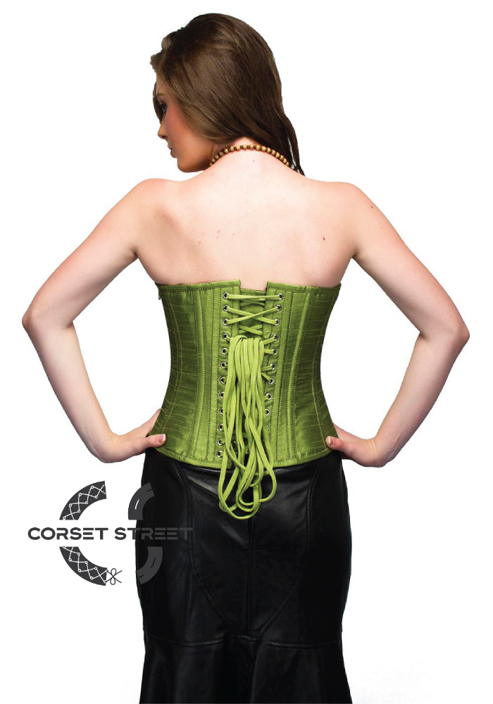 Pea Green Silk Overbust Top & Long Faux Leather Women Plus Size Corset Dress