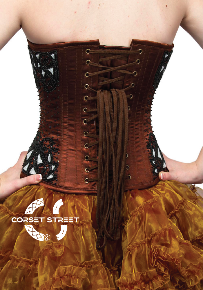 Brown Satin Black Sequins Top & Tissue Tutu Skirt Waist Cincher Overbust Corset Dress