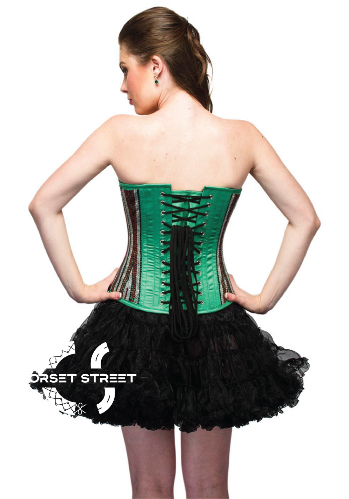 Green Satin Sequins Handmade Overbust Top & Black Tissue Tutu Skirt Women Corset Dress