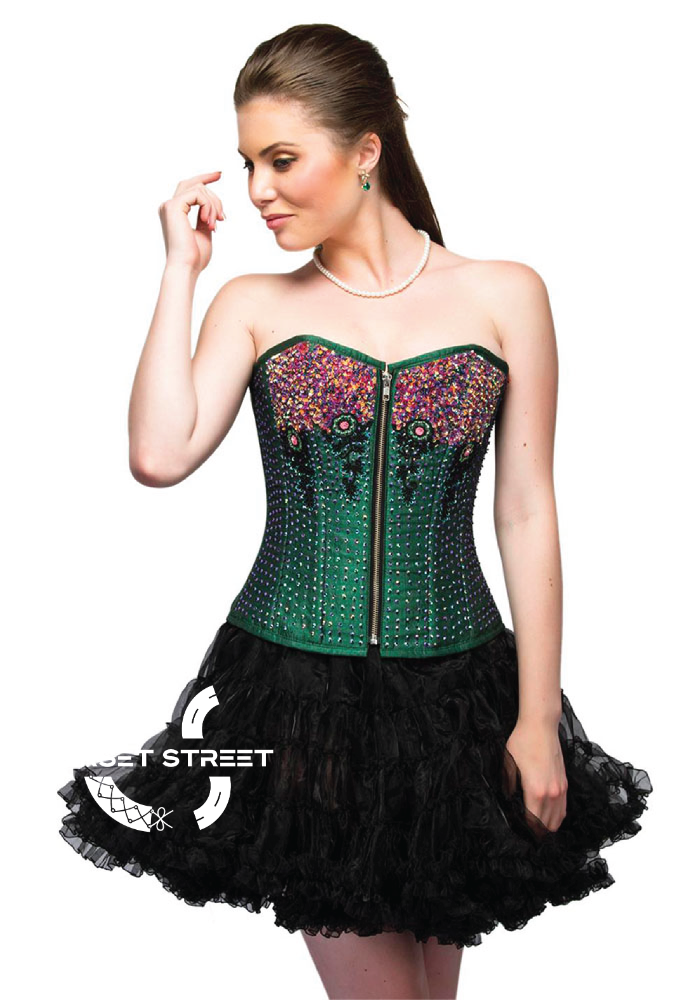 Green Silk Sequins Handmade Front Zipper Overbust Top & Black Tissue T Corset Street Green Silk Sequins Handmade Front Zipper Overbust Top & Black Tissue T Corset Street