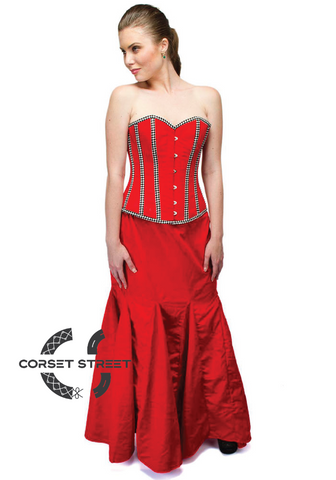 Red Velvet Check Stripes Waist Cincher Women Overbust Top & Long Skirt Plus Size Corset Dress