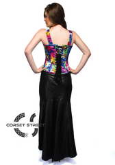 Poly Satin Printed Top & Long Leather Skirt Waist Cincher Women Overbust Corset Dress