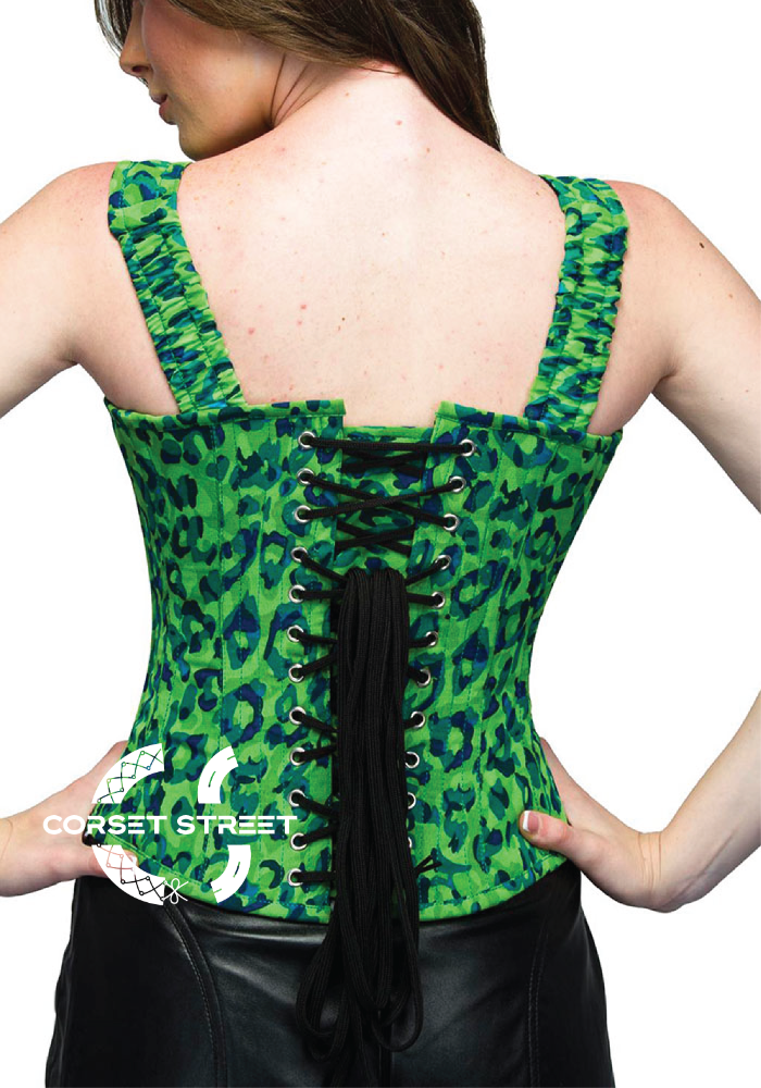 Green Georgette Top Long Faux Leather Skirt Waist Cincher Overbust Plus Size Corset Dress