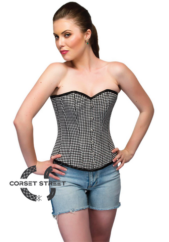 Black White Dotted Polyester Front Open Busk Overbust Women Corset Top