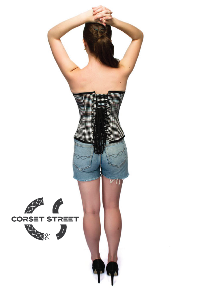 Black White Dotted Polyester Front Open Busk Overbust Women Corset Top