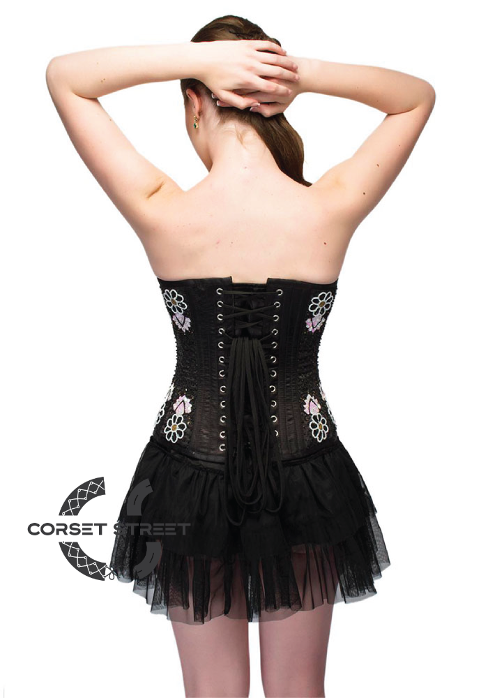 Black Satin Handmade Sequins Waist Cincher Overbust Top & Tutu Skirt Corset Dress