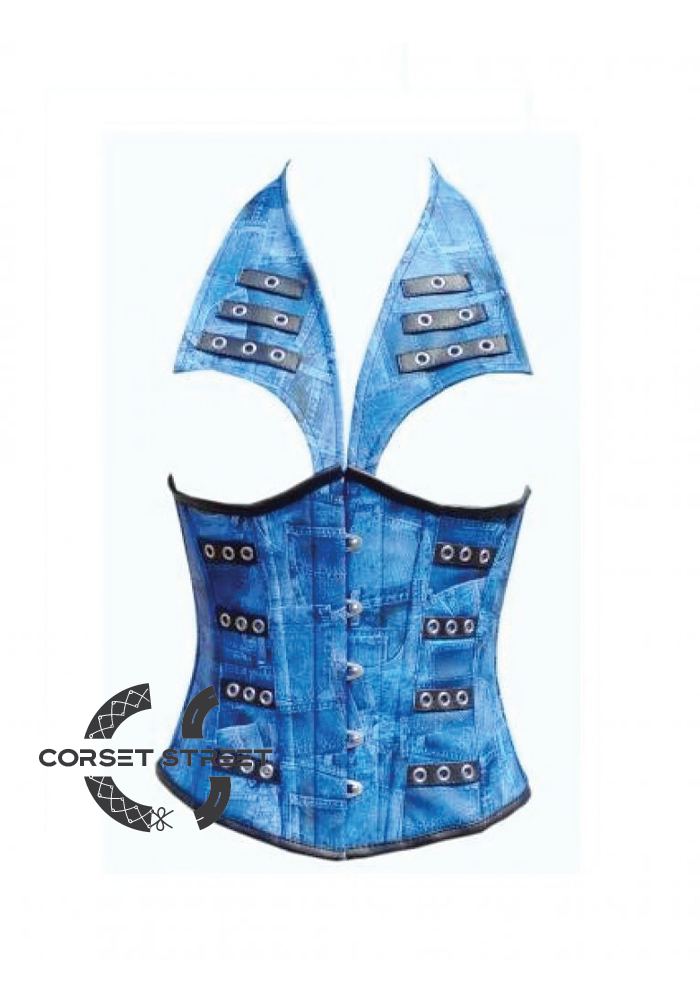 Blue Denim Print Leather with Collar Style Waist Training Underbust Plus Size Corset Top