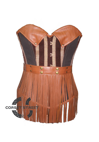 Brown Leather Cotton Steampunk Fashion Waist Training Bustier Women Overbust Corset Top