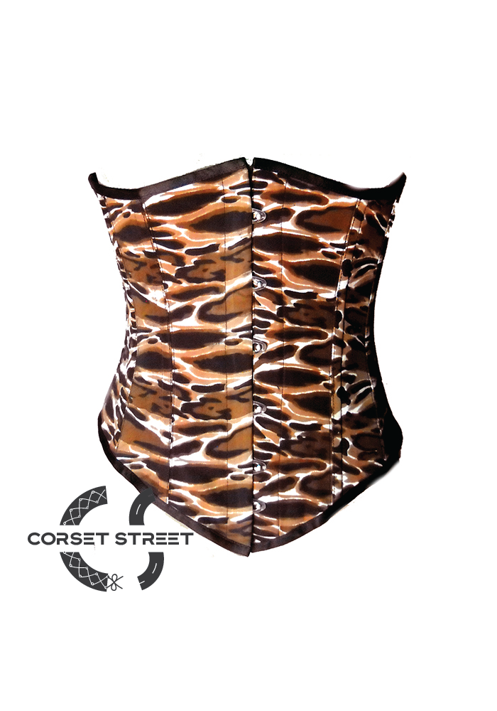 Tiger Print Polyester Burlesque Waist Training Basque LONG Underbust Plus Size Corset Costume