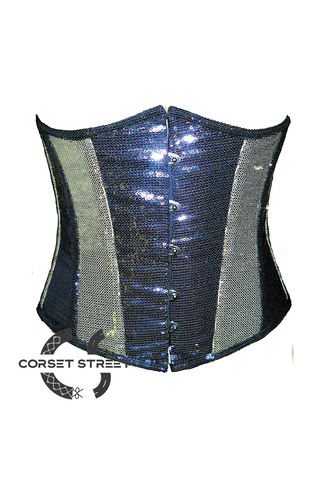 Black Silver Georgette Sequins Waist Training Bustier Underbust Plus Size Corset Costume