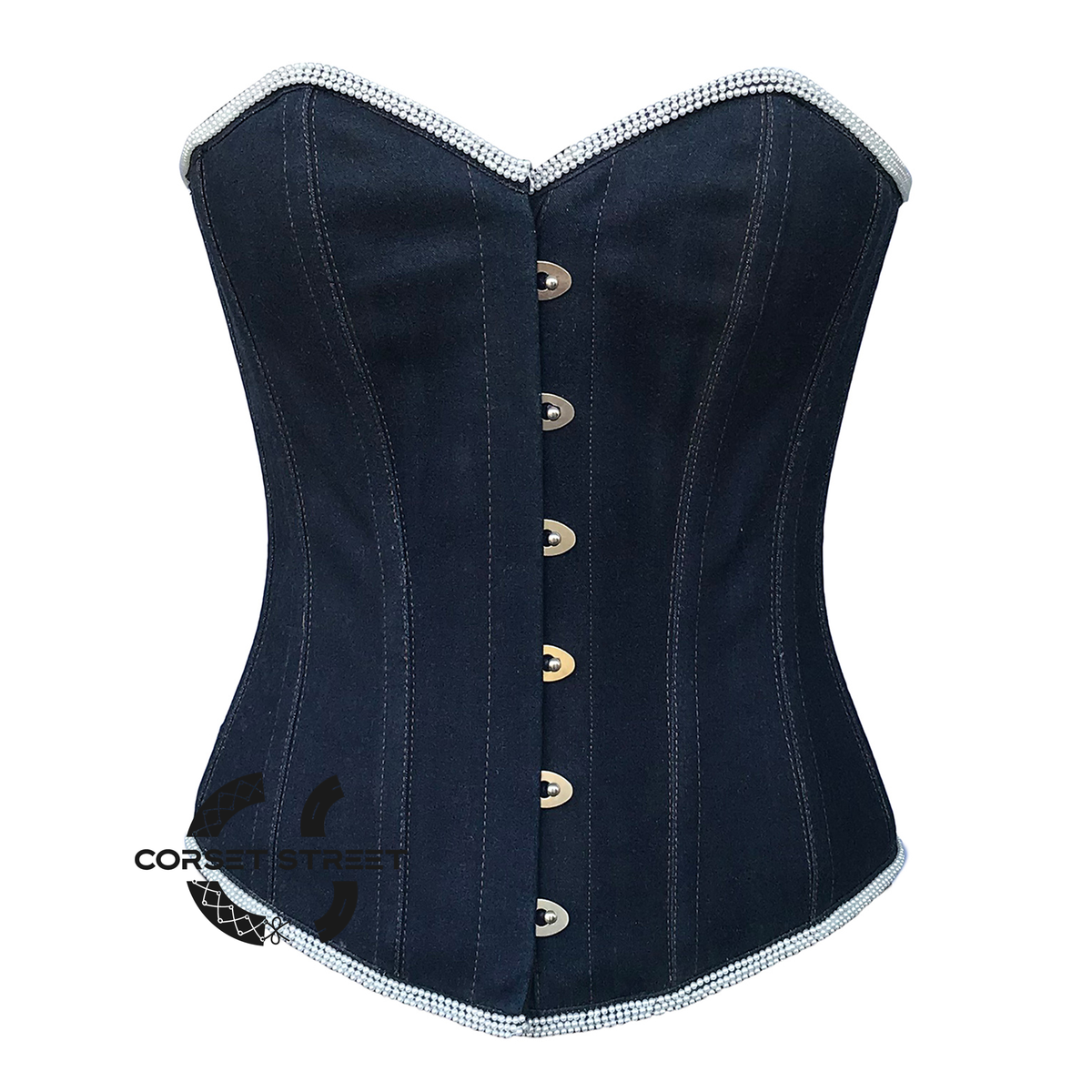 Blue Denim White Perl Piping Burlesque Gothic Overbust Corset Top