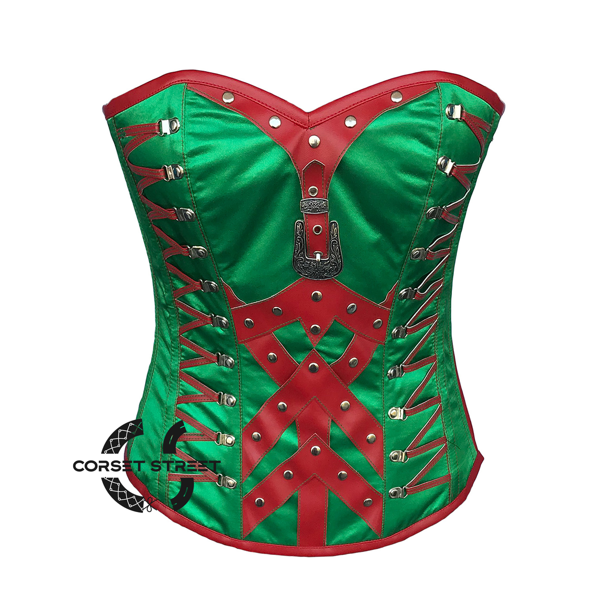 Plus Size Green Satin Red Leather Steampunk Costume Gothic Overbust Corset