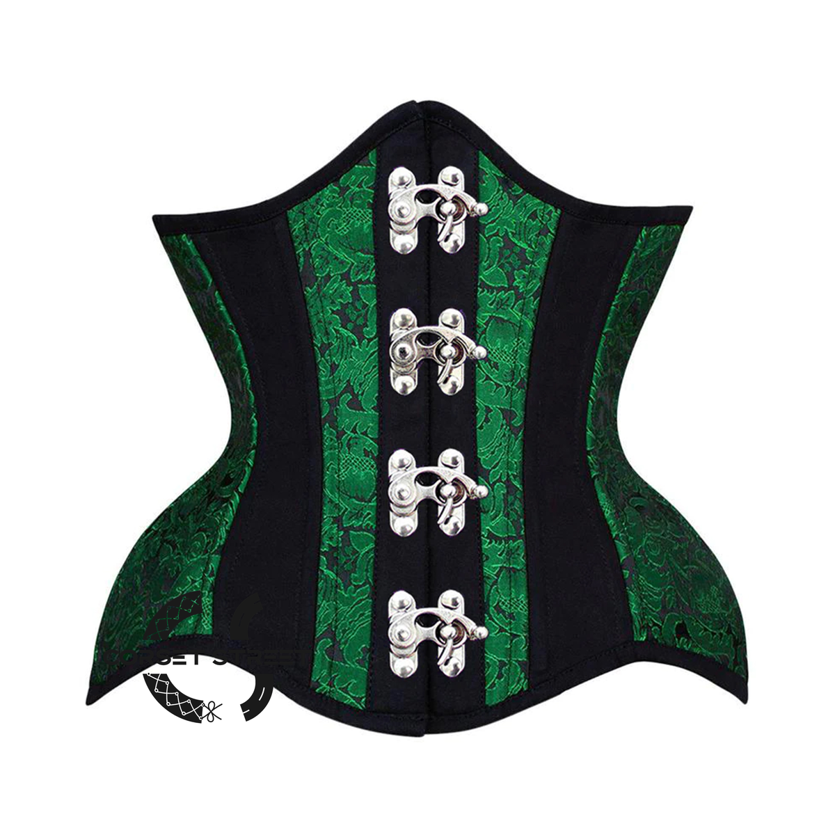 Plus Size Green And Black Brocade Black Cotton Stripe Front Clasps Waist Training Steampunk Costume Underbust Corset