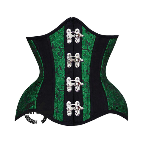 Green And Black Brocade Black Cotton Stripe Front Clasps Waist Training Steampunk Costume Underbust Corset