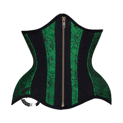 Green And Black Brocade Black Cotton Stripe Front Zipper Waist Training Steampunk Costume Underbust Corset