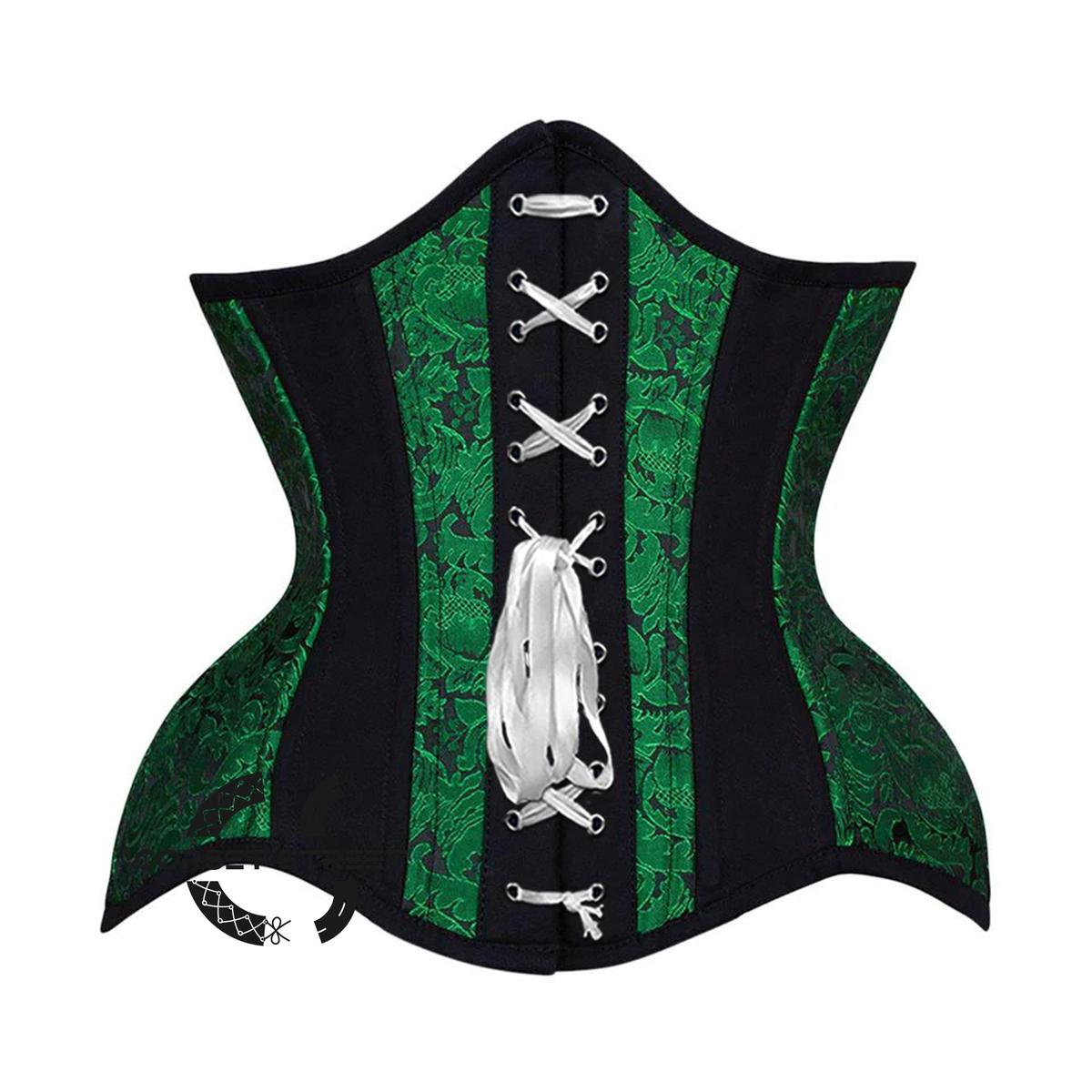 Green And Black Brocade Black Cotton Stripe Front White Lace Waist Training Steampunk Costume Underbust Corset