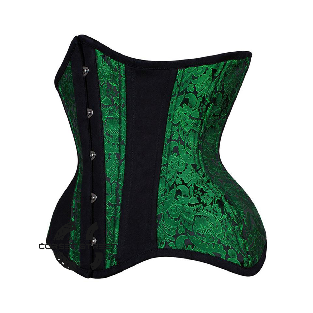 Green And Black Brocade Black Cotton Stripe Silver Busk Waist Training Steampunk Costume Underbust Corset