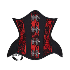 Black Cotton Red Satin Net Overlay Stripe Front Clasps Waist Training Steampunk Costume Underbust Corset