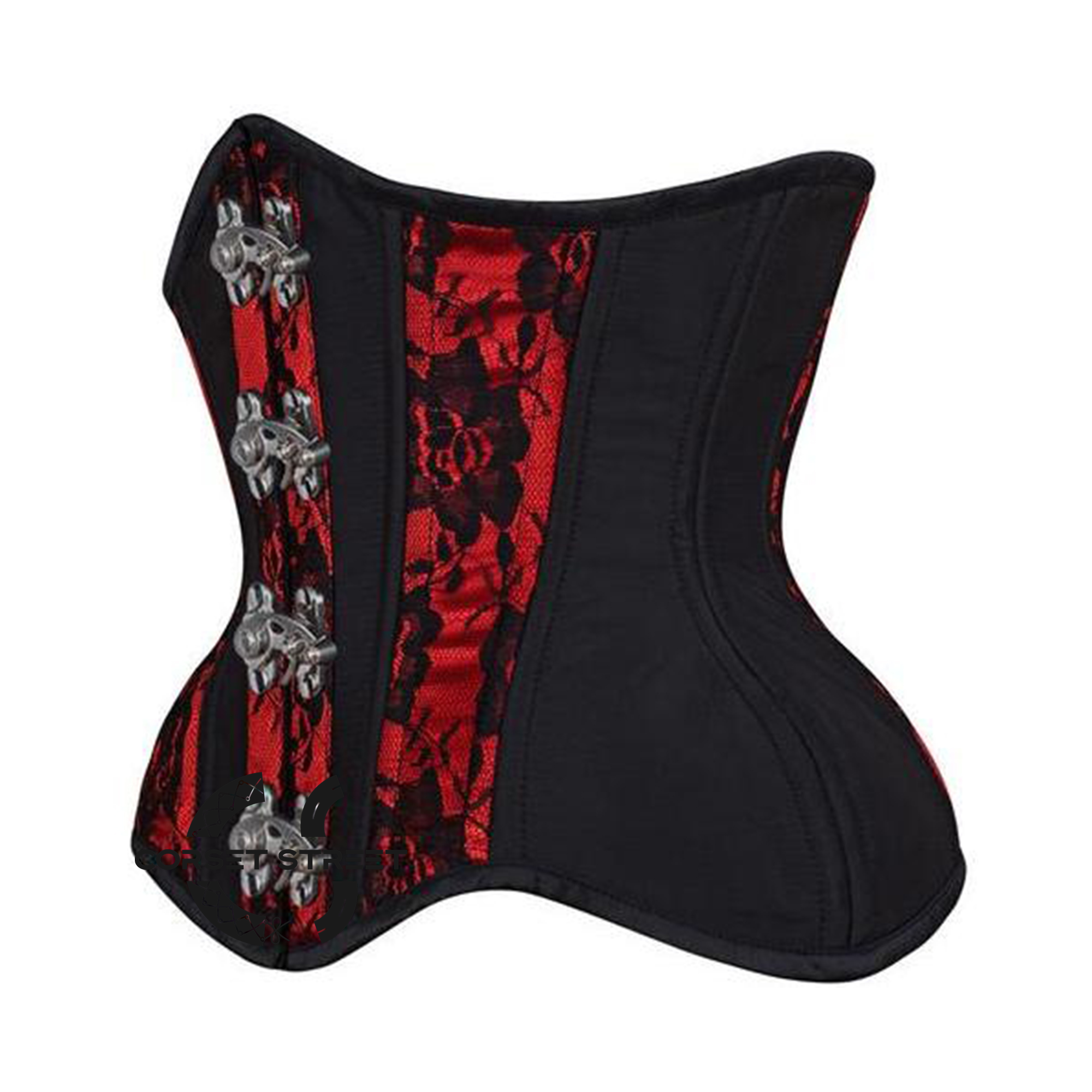 Black Cotton Red Satin Net Overlay Stripe Front Clasps Waist Training Steampunk Costume Underbust Corset