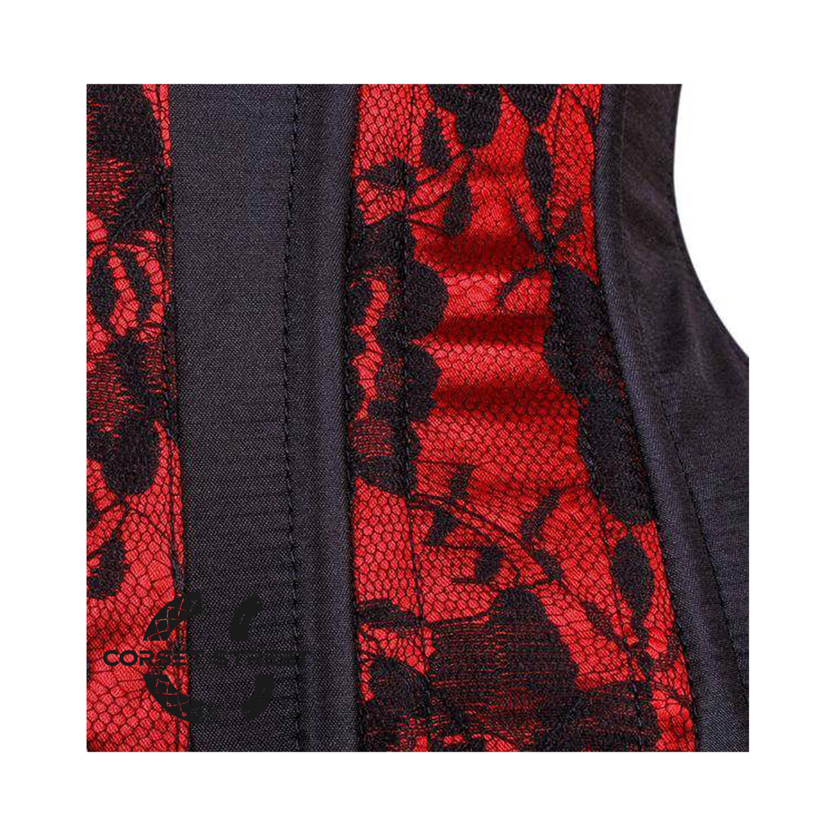 Black Cotton Red Satin Net Overlay Stripe Front Clasps Waist Training Steampunk Costume Underbust Corset