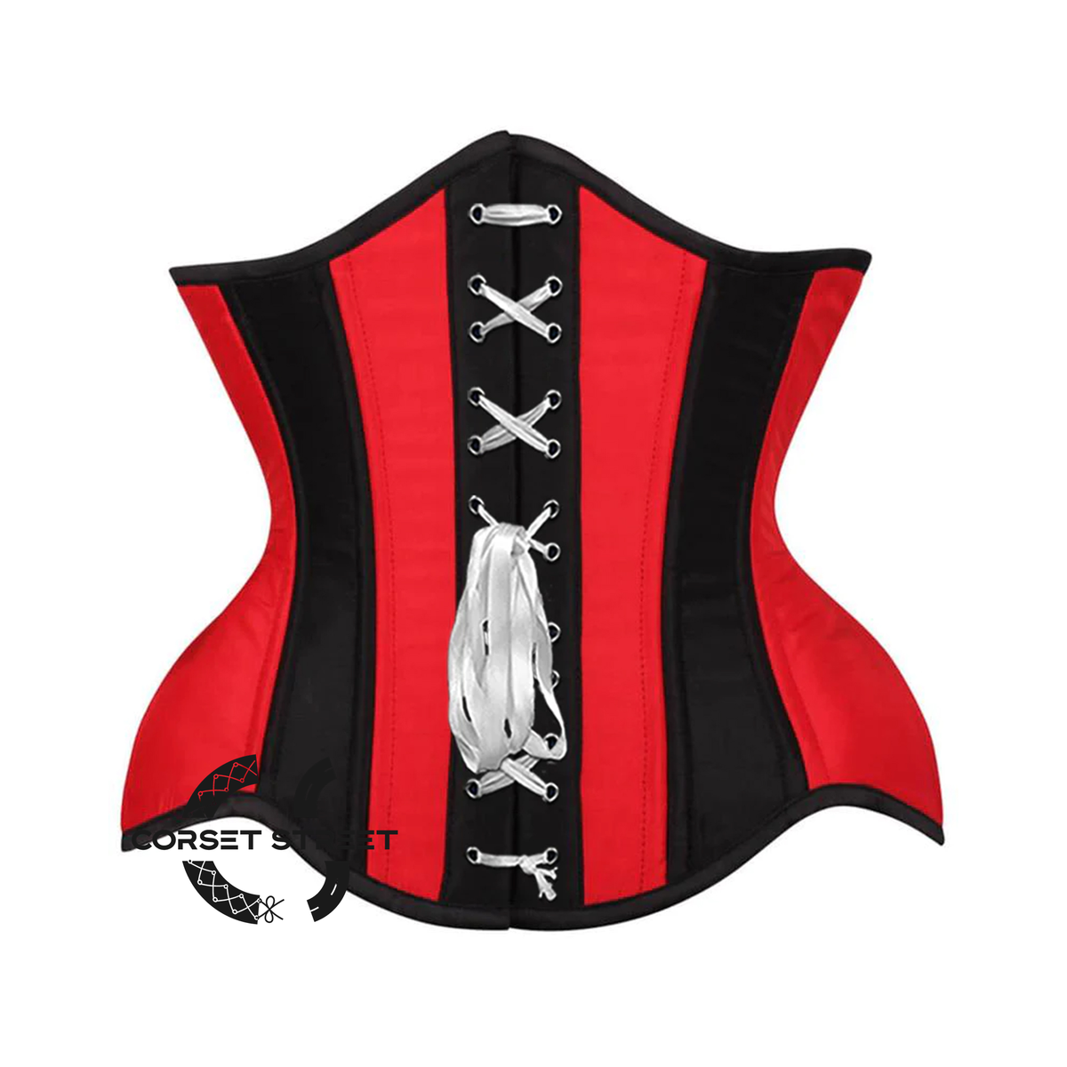 Red and Black Satin Net Overlay Stripe Front Clasps Waist Training Steampunk Costume Underbust Corset