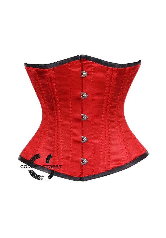 Red Satin Double Bone Front Silver Busk Gothic Waist Training Underbust Corset Bustier Top