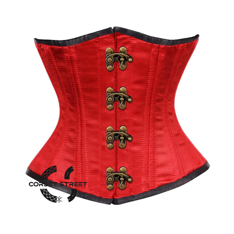 Red Satin Double Bone Front Antique Clasps Gothic Waist Training Underbust Corset Bustier Top