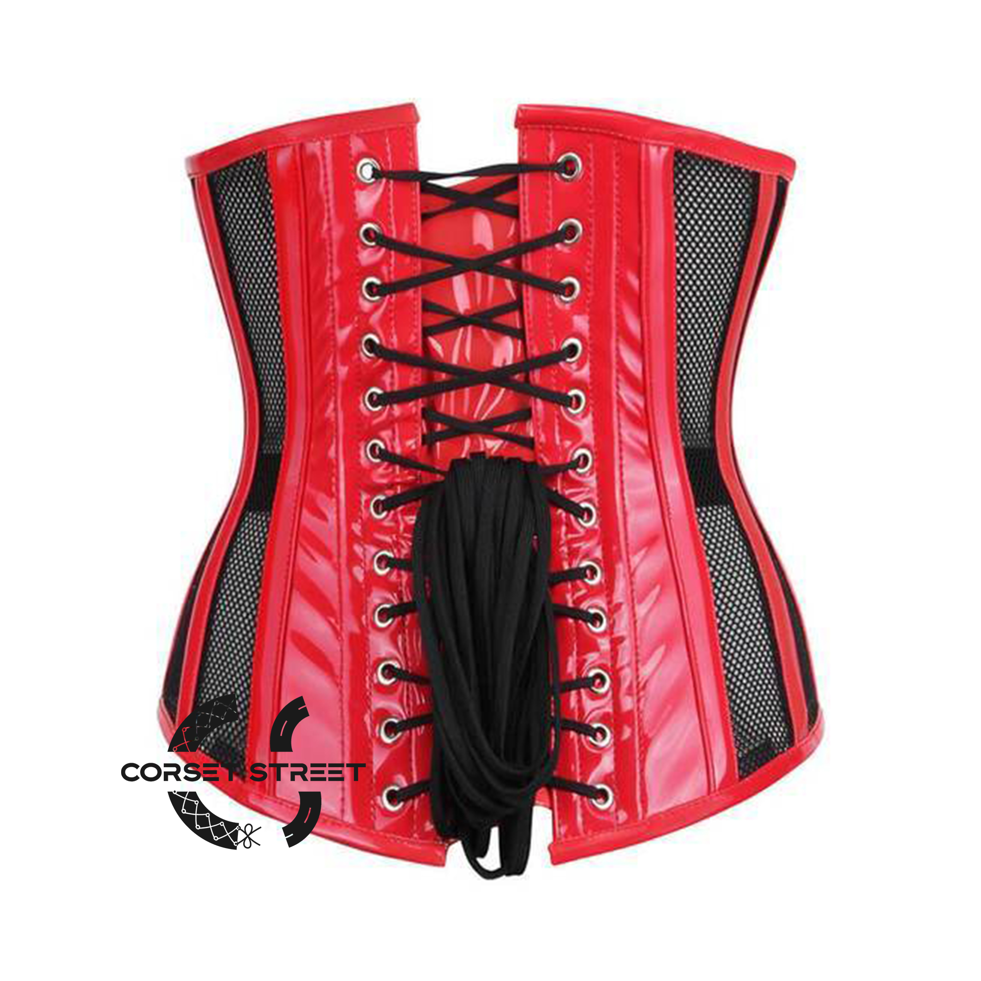 Red PVC Black Net Steampunk Heavy Duty Underbust Waist Training Sexy Corset