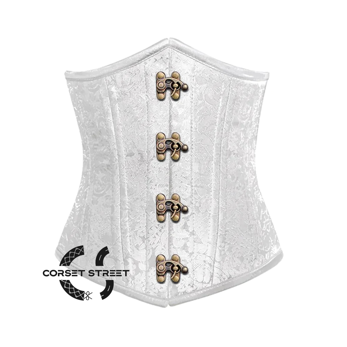 White Brocade Antique Clasps Double Bone Steampunk Gothic Waist Training Underbust Corset Bustier Top