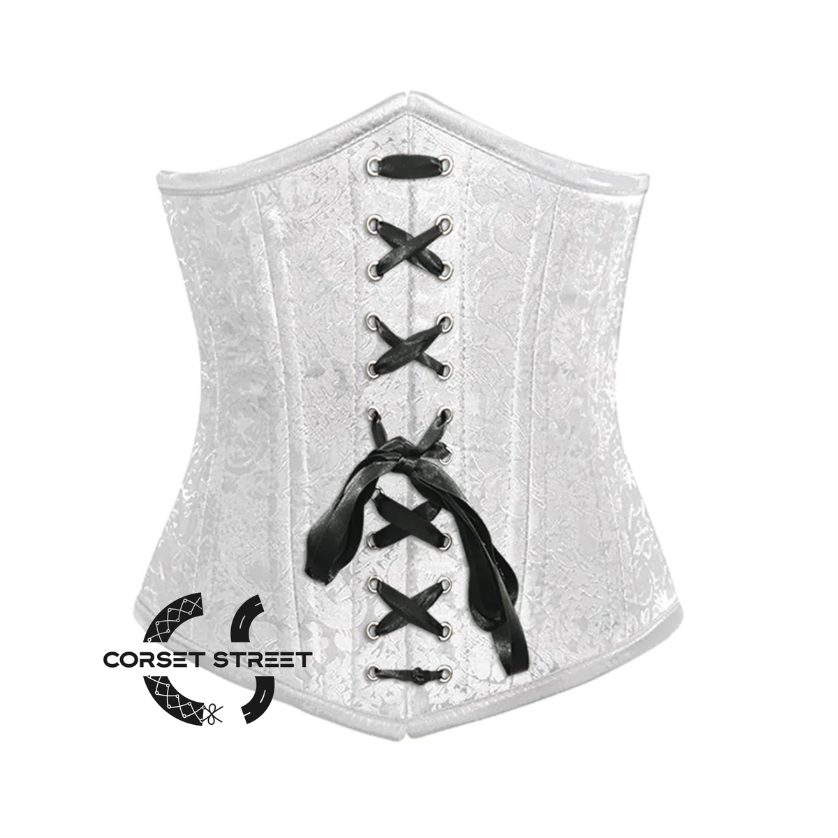 White Brocade Front Black Lace Double Bone Steampunk Gothic Waist Training Underbust Corset Bustier Top