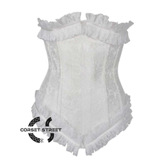 White Brocade Front Close Net Frill Design Gothic Waist Training Underbust Corset Bustier Top