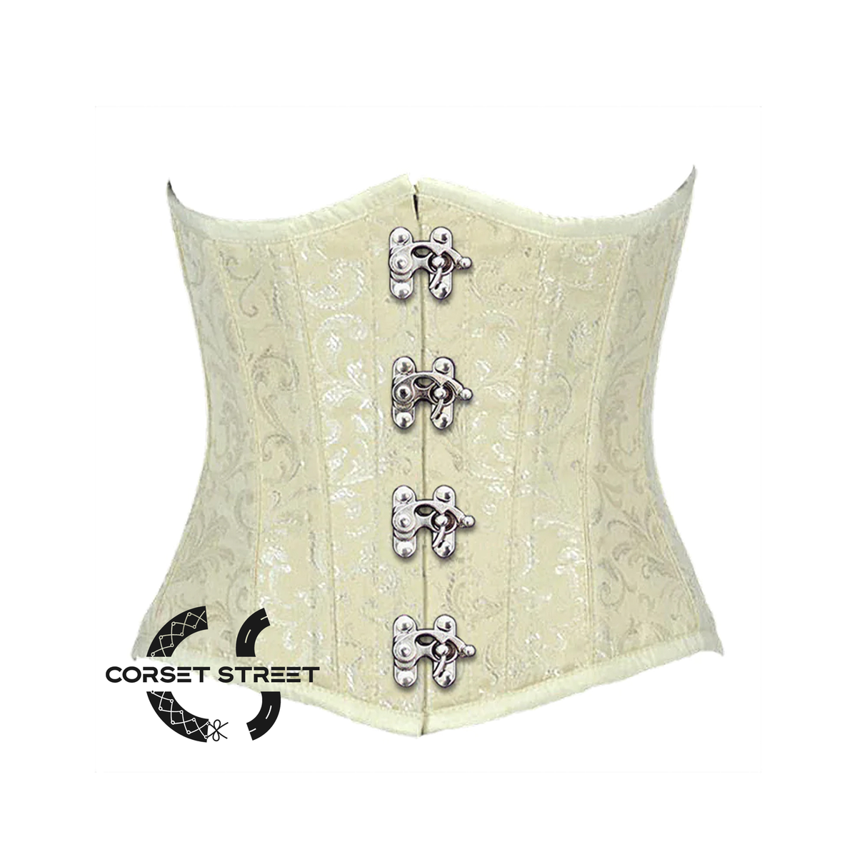 Ivory Brocade Silver Clasps Gothic Burlesque Waist Training Underbust Corset Bustier Top