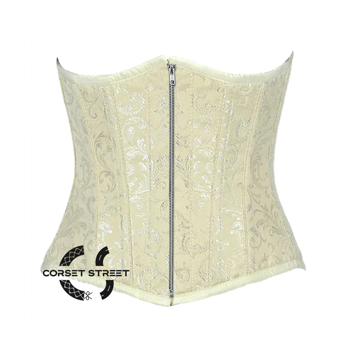 Ivory Brocade Silver Zipper Gothic Burlesque Waist Training Underbust Corset Bustier Top