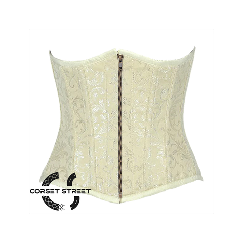 Ivory Brocade Front Antique Zipper Gothic Burlesque Waist Training Underbust Corset Bustier Top