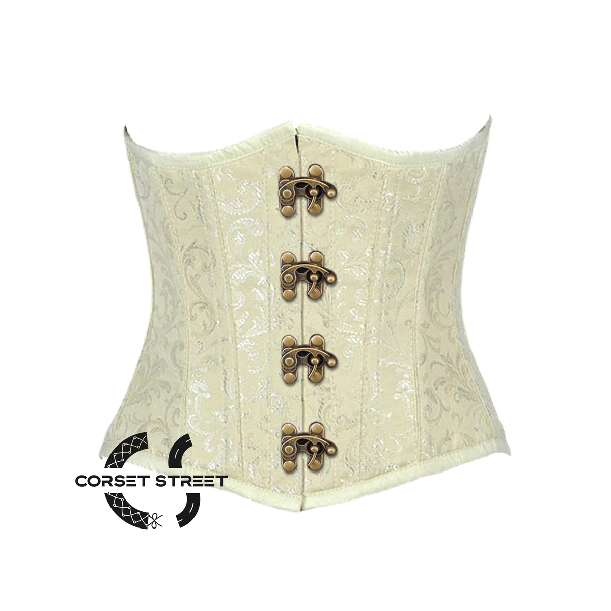 Ivory Brocade Antique Clasps Gothic Burlesque Waist Training Underbust Corset Bustier Top