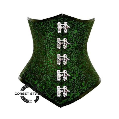 Green And Black Brocade Front Clasps Gothic Waist Training Long Underbust Corset Bustier Top