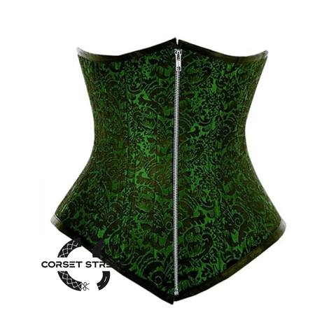 Green And Black Brocade Double Boned Front Zipper Waist Training Long Underbust Gothic Corset Bustier Top