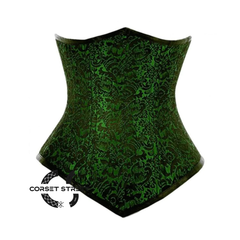 Green And Black Brocade Double Boned Front Closed Waist Training Long Underbust Gothic Corset Bustier Top