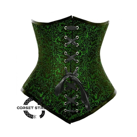 Green And Black Brocade Double Boned With Front Lace Waist Training Underbust Gothic Corset Bustier Top